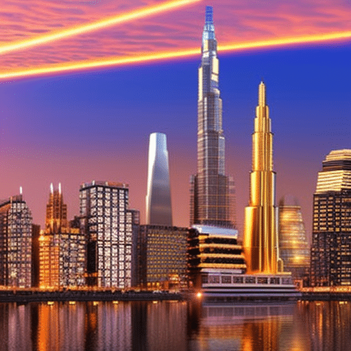 An image showcasing a vibrant and futuristic cityscape at sunset, with towering skyscrapers adorned with glowing Bitcoin logos