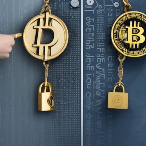 image of a person holding a locked padlock with a cryptocurrency symbol engraved on it, while another person uses a key to unlock it