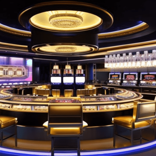 An image showcasing a luxurious, futuristic casino interior adorned with sleek, metallic finishes