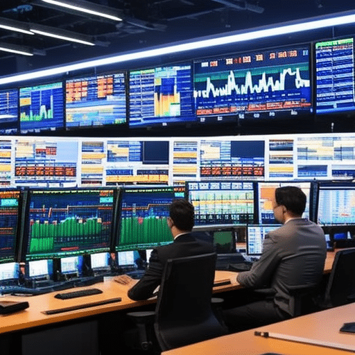 An image showcasing a vibrant trading floor, filled with screens displaying real-time cryptocurrency charts