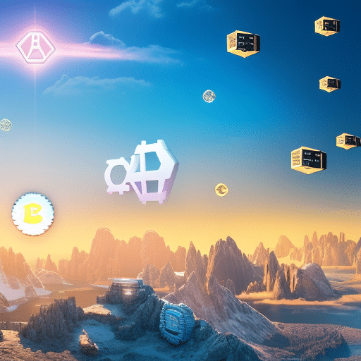An image showcasing a vibrant digital landscape with several prominent crypto logos elegantly embedded in the foreground