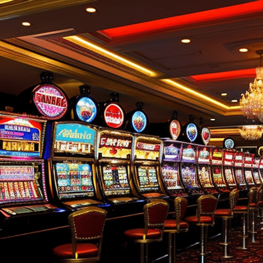 the thrilling ambiance of a bustling casino floor, adorned with glitzy chandeliers and vibrant slot machines