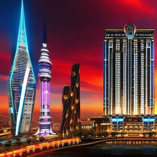An image showcasing an opulent, futuristic casino hub, adorned with neon lights and towering skyscrapers, where crypto enthusiasts gather to revel in the thrill of high-stakes gambling and cutting-edge technology