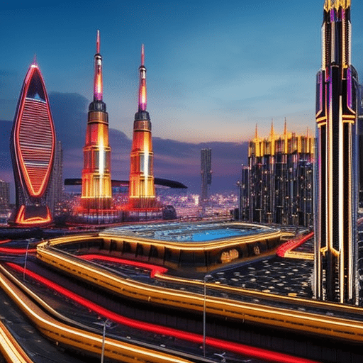 An image showcasing a futuristic digital landscape with towering, sleek buildings adorned with neon lights, surrounded by a bustling metropolis