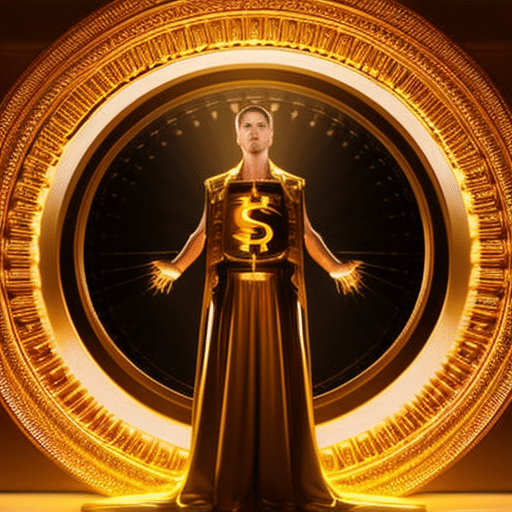 An image showcasing a triumphant figure, surrounded by digital currencies, emerging from a golden vault