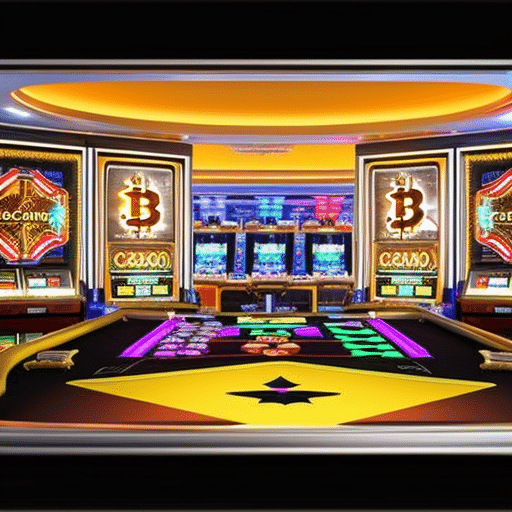 An image showcasing a futuristic, neon-lit casino floor bustling with high-stakes gamblers immersed in intense games of poker, roulette, and slot machines