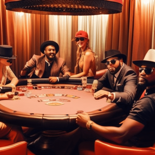 An image showcasing a diverse group of individuals wearing sunglasses and hats, sitting around a round poker table in a dimly lit room