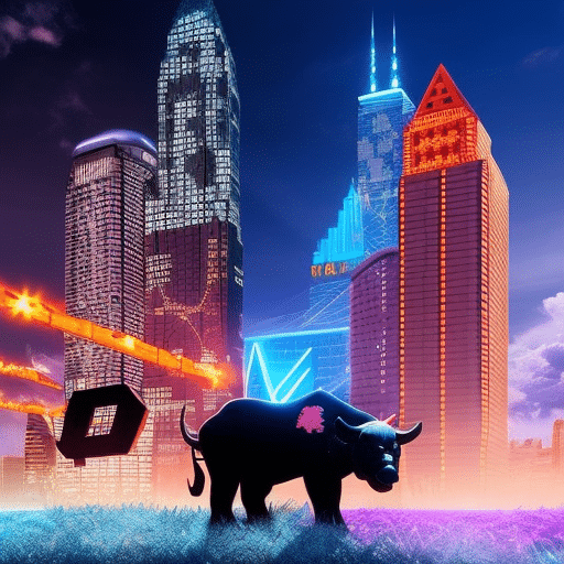 An image of a dynamic digital landscape featuring a vibrant bull and bear battling amidst a backdrop of soaring skyscrapers, with glowing symbols of Bitcoin, Ethereum, and Ripple illuminating the scene