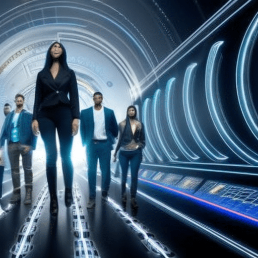 An image showcasing a group of diverse individuals, each holding a futuristic symbol representing a different cryptocurrency, standing on a path illuminated by a trail of digital footprints symbolizing their pioneering role in shaping the future of the crypto world