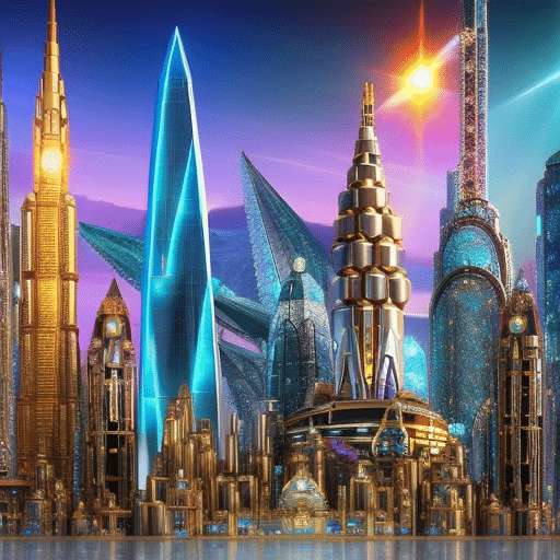 An image featuring a vibrant, futuristic cityscape with towering skyscrapers made of shimmering gemstones