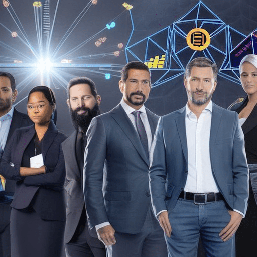 An image featuring a diverse group of influential figures, standing against a backdrop of charts and graphs, each holding a different cryptocurrency symbol, symbolizing their endorsement and expertise in the top crypto investments