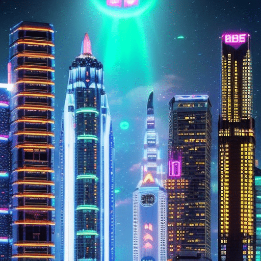 An image showcasing a futuristic cityscape with soaring skyscrapers adorned with holographic crypto logos
