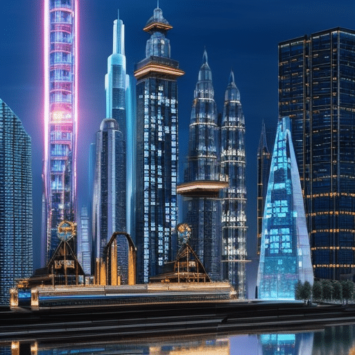 An image illustrating a futuristic cityscape with towering skyscrapers adorned with digital signs displaying various cryptocurrency symbols, reflecting the potential growth and performance forecasted for 2024