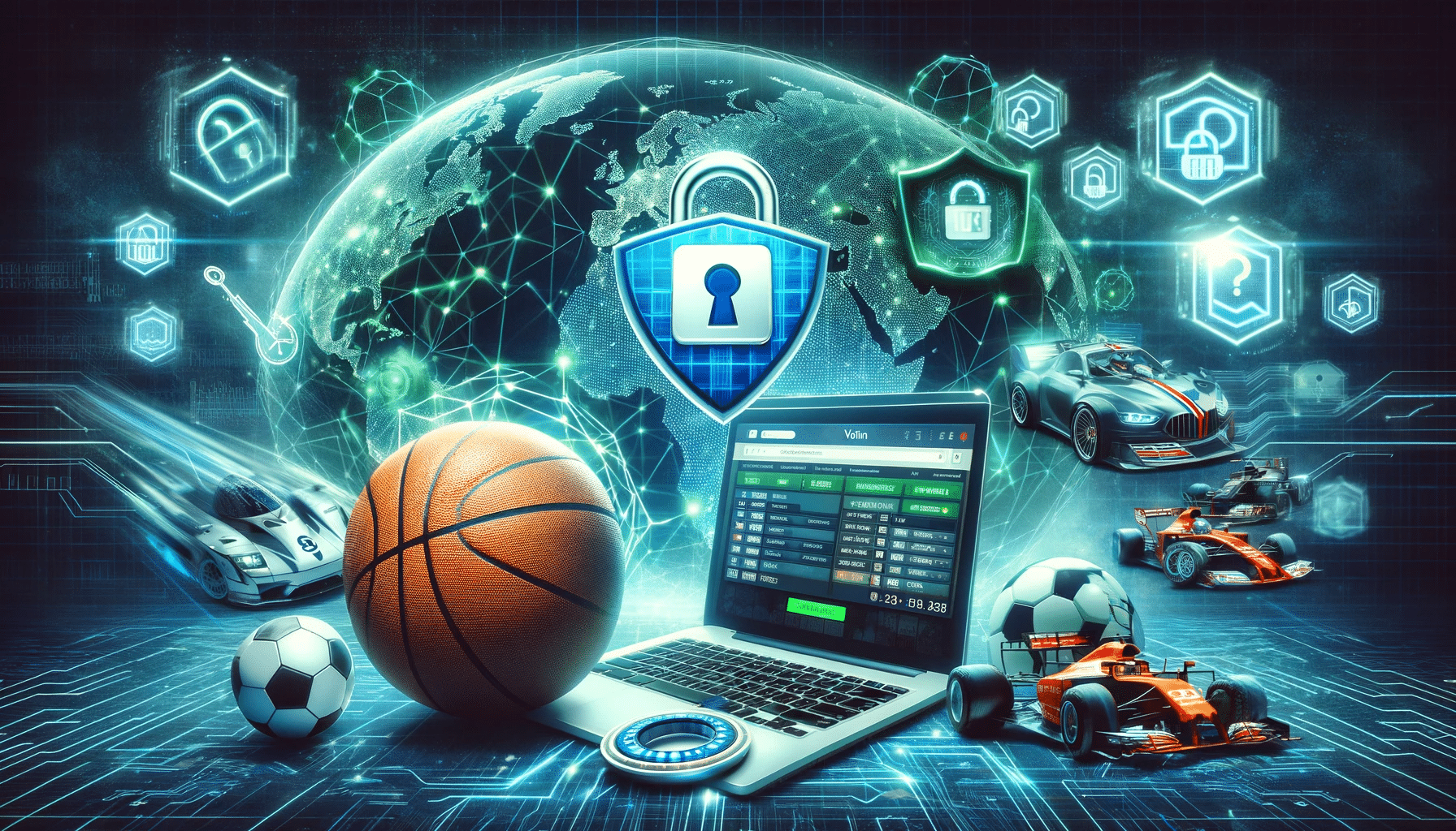 DALL·E 2023-12-06 18.09.02 – A digital collage featuring a VPN logo, a secure padlock symbol, and various sports betting elements like a football, a basketball, and a racing car.