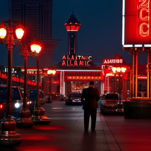 the tense atmosphere of an Atlantic City casino as a stern-faced security guard scrutinizes a crafty gambler's hand, while surveillance cameras surveil the scene from above, their red lights casting an eerie glow