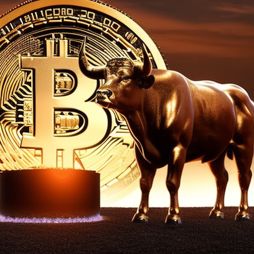 An image showcasing a majestic bull, its powerful muscles rippling, standing before an illuminated backdrop featuring the iconic Bitcoin symbol, hinting at the anticipated monumental rise in 2024