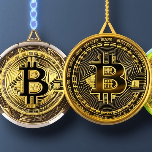 An image showcasing three interconnected golden shields, each representing Bitcoin, Solana, and Ethereum, radiating powerful neon beams, symbolizing their unstoppable dominance in the crypto realm