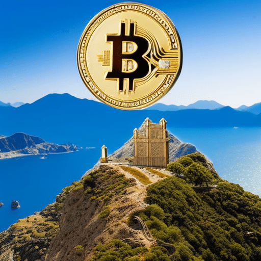 An image showcasing a golden Bitcoin symbol rising above a mountain peak, surrounded by a vibrant landscape adorned with luxurious mansions, luxury cars, and yachts, symbolizing the path to millionaire status through Bitcoin