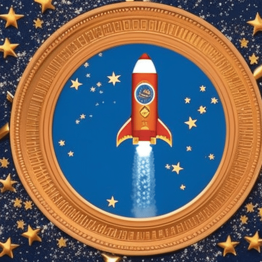 An image showcasing a vibrant rocket ship soaring through a star-filled sky, leaving a trail of Bitcoin logos in its wake
