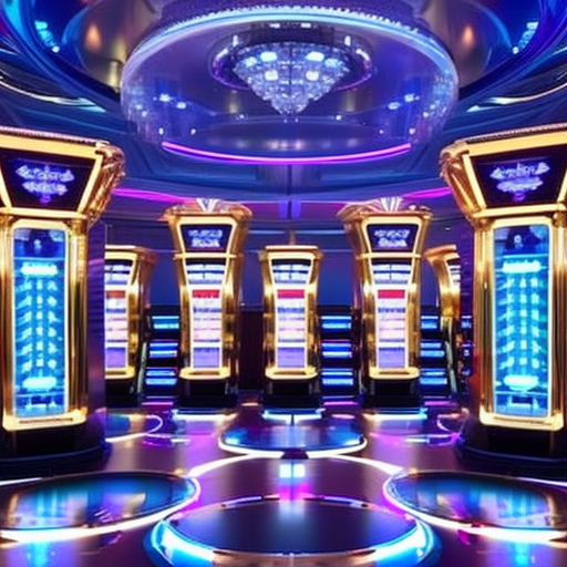 An image of a futuristic casino floor with holographic slot machines and card tables, surrounded by a transparent blockchain network, symbolizing trust and fairness
