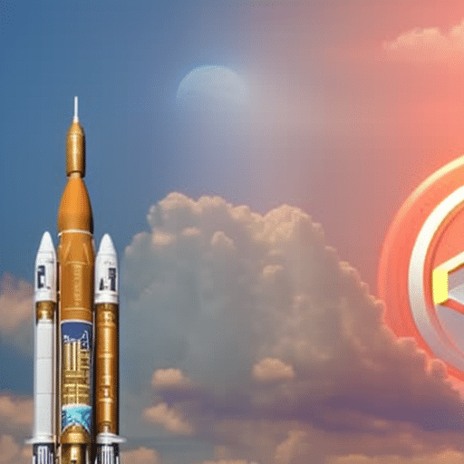 An image showcasing a vibrant digital landscape with a soaring rocket made of altcoin symbols, soaring above a bullish market graph depicting exponential growth