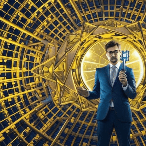 An image depicting a confident Chainlink co-founder, holding a golden key to a futuristic vault