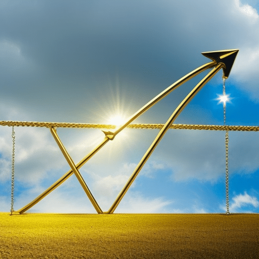 An image showcasing a vibrant upward arrow made of golden chains, symbolizing the surge of Chainlink (LINK)