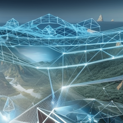 An image showcasing a futuristic landscape where numerous blockchain networks are seamlessly connected by Chainlink's decentralized oracles, symbolized by intertwining chains, bridging the gap between the physical and digital worlds
