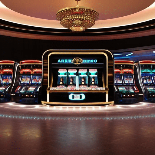 An image featuring a futuristic casino floor with transparent slot machines and roulette tables