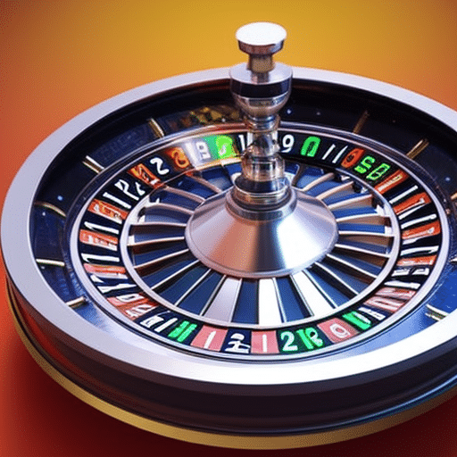 An image depicting a roulette wheel in a casino, surrounded by transparent blockchain nodes