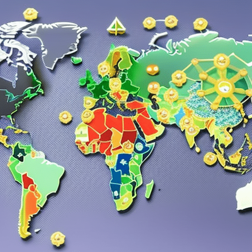 An image showcasing a global map, with various countries represented by their respective flags, enveloped in a transparent blockchain network