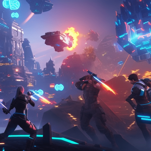 An image showcasing a diverse group of gamers engaged in intense battles, surrounded by a futuristic, decentralized virtual world
