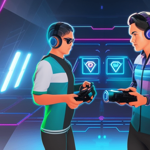 An image of two gamers, connected through a blockchain network, immersed in a virtual reality game