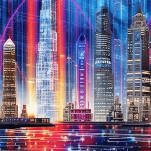 An image showcasing a futuristic cityscape bustling with activity, adorned with towering skyscrapers made of shimmering digital currency symbols