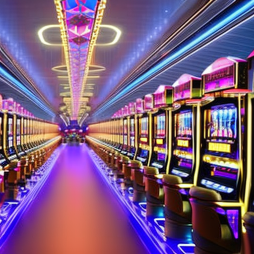 An image depicting a futuristic casino floor with rows of slot machines, each connected to a network of smart contracts
