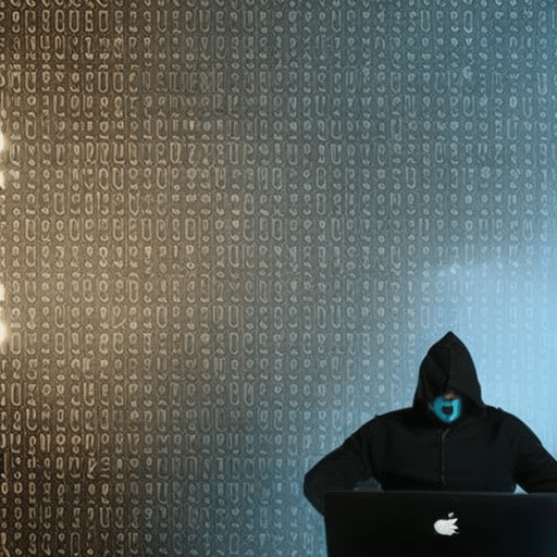 An image of a person sitting at a computer, surrounded by a fortress-like shield made of encrypted data, while a hacker wearing a black hoodie tries to break through it with a glowing code
