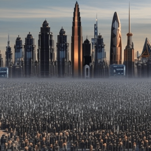An image of a futuristic metropolis skyline, with towering government buildings casting long shadows over a crowd of people holding smartphones, their faces displaying a mix of excitement and uncertainty, as crypto symbols hover above them