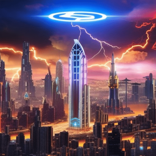 An image depicting a futuristic cityscape, with towering skyscrapers adorned with neon lights, as a storm brews above