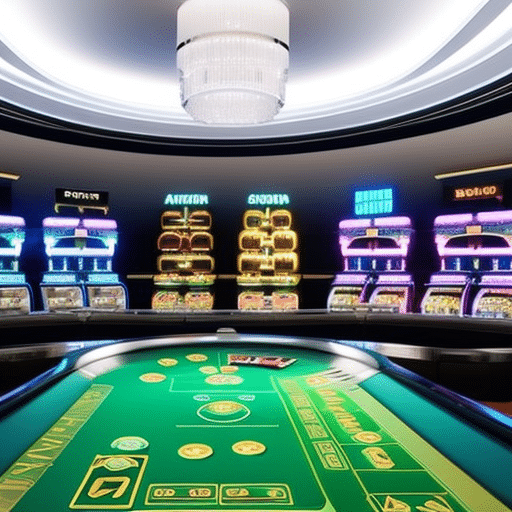 An image showcasing a futuristic online casino interface, with seamless blockchain integration