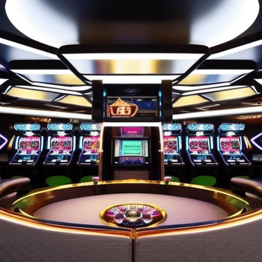 An image showcasing a futuristic virtual casino, where transparent blockchain technology seamlessly integrates with slot machines, roulette tables, and poker games, revolutionizing the gambling industry