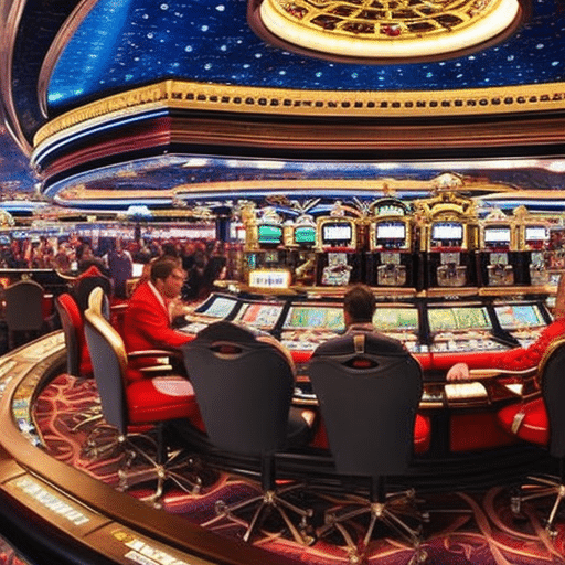 An image capturing the vibrant chaos of a bustling casino floor, with elegantly dressed players engrossed in intense card games, flashing lights from slot machines, and a croupier skillfully spinning the roulette wheel