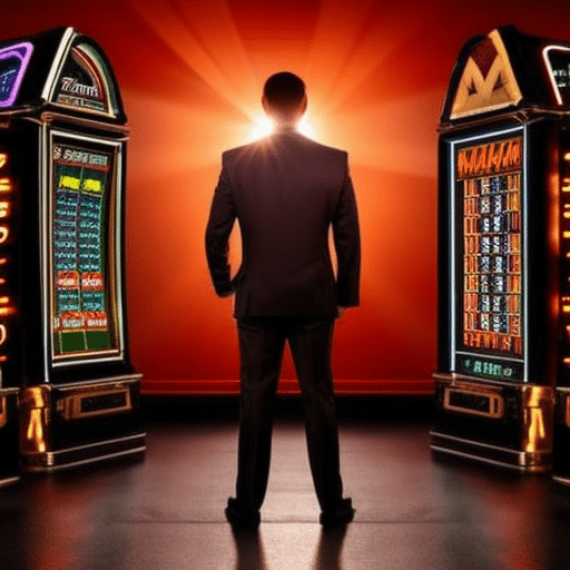 An image showcasing a dramatic contrast between a person exultantly celebrating in front of a virtual slot machine, symbolizing the potential rewards of crypto gambling, while ominous shadows cast doubt and uncertainty in the background, representing the inherent risks