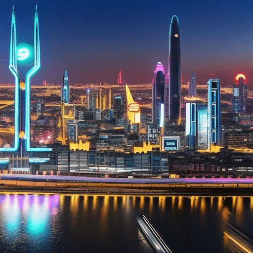 An image showcasing a futuristic cityscape at night, with neon-lit billboards displaying logos of the top 10 emerging cryptocurrencies for 2024
