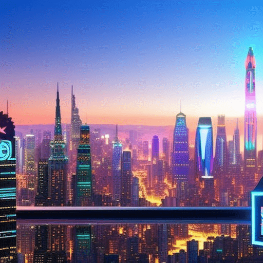 An image showcasing a futuristic cityscape with towering skyscrapers, illuminated by vibrant neon lights