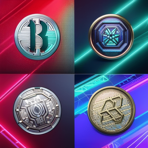 an image showing four futuristic virtual coins with unique designs, each representing a top breakout crypto project for 2024