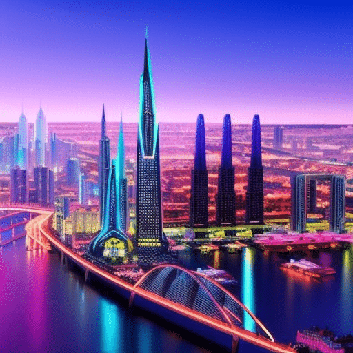 An image showcasing a futuristic cityscape, bathed in a vibrant neon glow, with towering skyscrapers housing prominent crypto project logos projected onto their facades, symbolizing the potential for immense growth in the crypto industry by 2024