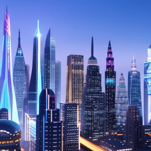 An image showcasing a futuristic skyline with towering buildings, adorned with holographic cryptocurrency logos