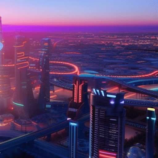 An image showcasing a futuristic cityscape at twilight, adorned with holographic billboards showcasing the logos of the top emerging crypto coins: Elysium, Nebula, Solara, and Lumina, symbolizing their potential dominance in 2024