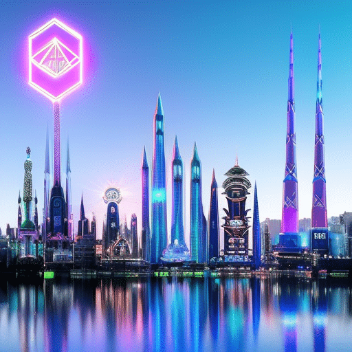 An image showcasing a futuristic cityscape adorned with holographic displays, depicting the logos of emerging cryptocurrencies like Stellar, Cardano, and IOTA