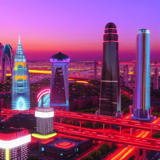 An image showcasing a futuristic cityscape at dusk, adorned with holographic billboards displaying logos of the top emerging cryptocurrencies